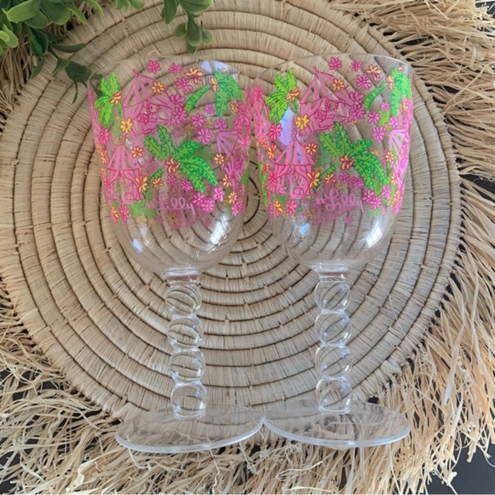 LILLY PULITZER Cabanarama Acrylic Bubble Stem Wine Glasses Set‎ Of 2 Pink Green